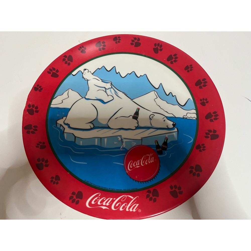 Vintage 2001 Coca-Cola Gibson Melamine Plate Polar Bear Iceberg Red Paw Prints